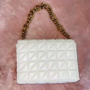 Zara White Quilted Shoulder Bag with Gold Chain